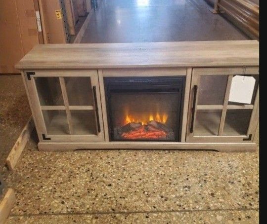 Graywash Modern  2-Door Glass Fireplace TV Stand,(New In A Box)