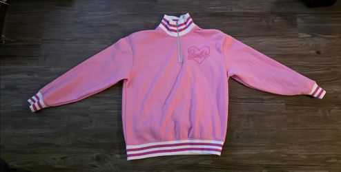 Womens Barbie Pink Quarter Zip Pullover Sweatshirt Heart Logo Varsity Striped Medium M