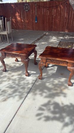 Pair of Wood End Tables with Carved Detail