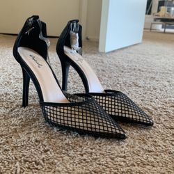 Black Net heels with plastic see-through under the Net And clear ankle straps