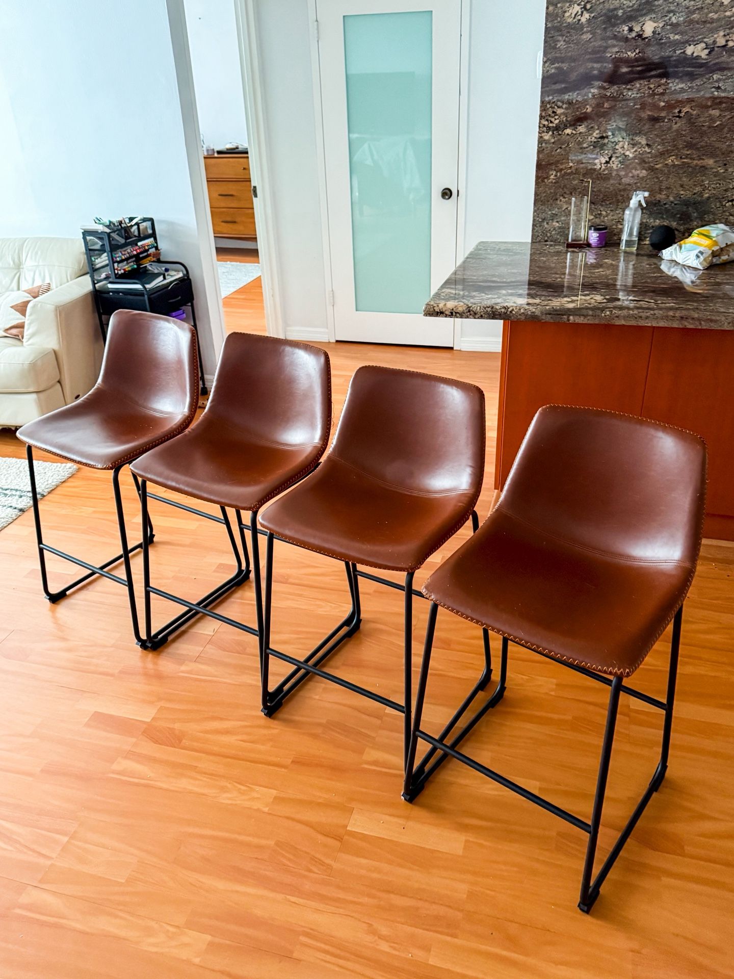 Set of 4 Brown Leather Counter/Bar Stools – Metal Base