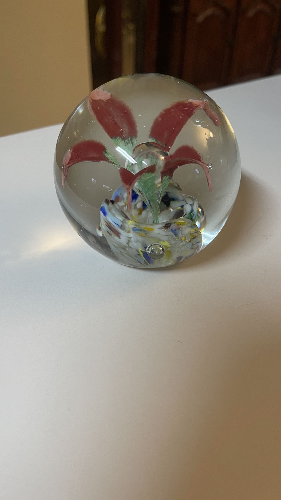 Vintage red lily glass paperweight