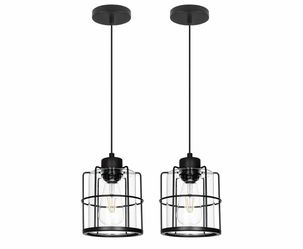 2-Pack Black Cage Glass Pendant Lights, E26 Base, Height-Adjustable Hardwired