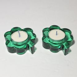 2 Green Glass Shamrock Candle Holders