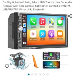 SANPTENT Double Din Car Stereo with Wireless Apple CarPlay & Android Auto, 7-Inch FHD Touchscreen Car Audio Receiver with Rear Camera, Subwoofer, Car 