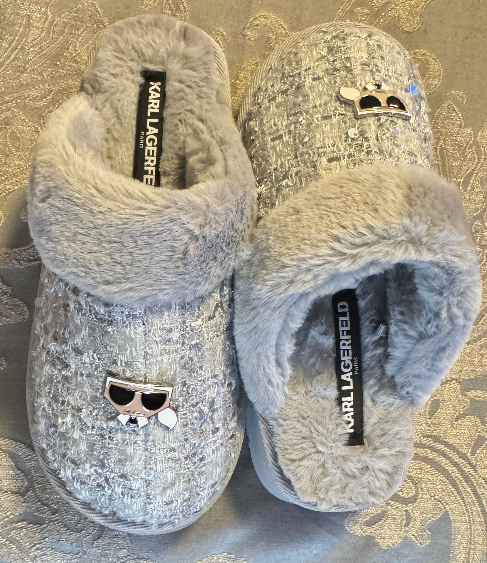 Karl Lagerfeld grey fuzzy slippers Size 6