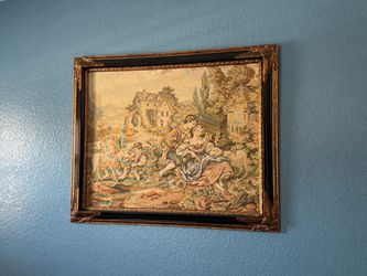 Framed Vintage French Bucolic Pastoral Woven Tapestry Wall Art