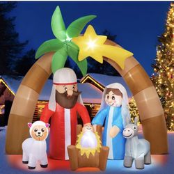 COOBILY 8FT Christmas Inflatables Decorations Nativity Scene, Bright LED Lights Jesus Blow up Christmas Decorations with Star of Bethlehem Archway for