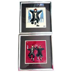 Needlepoint 17" Framed Art SET Horah Dancing Rabbi Judaism Judaic Jewish Hora