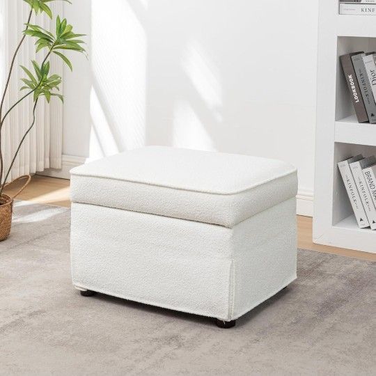 New. Wovenbyrd Woodcrest 24" Rectangle Storage Ottoman, Cream Boucle Performance Fabric