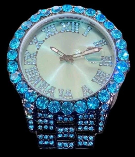 Mens Luxury Turquoise Blue Full Cover Shiny Simulated Diamond (CZ) Quartz Watch