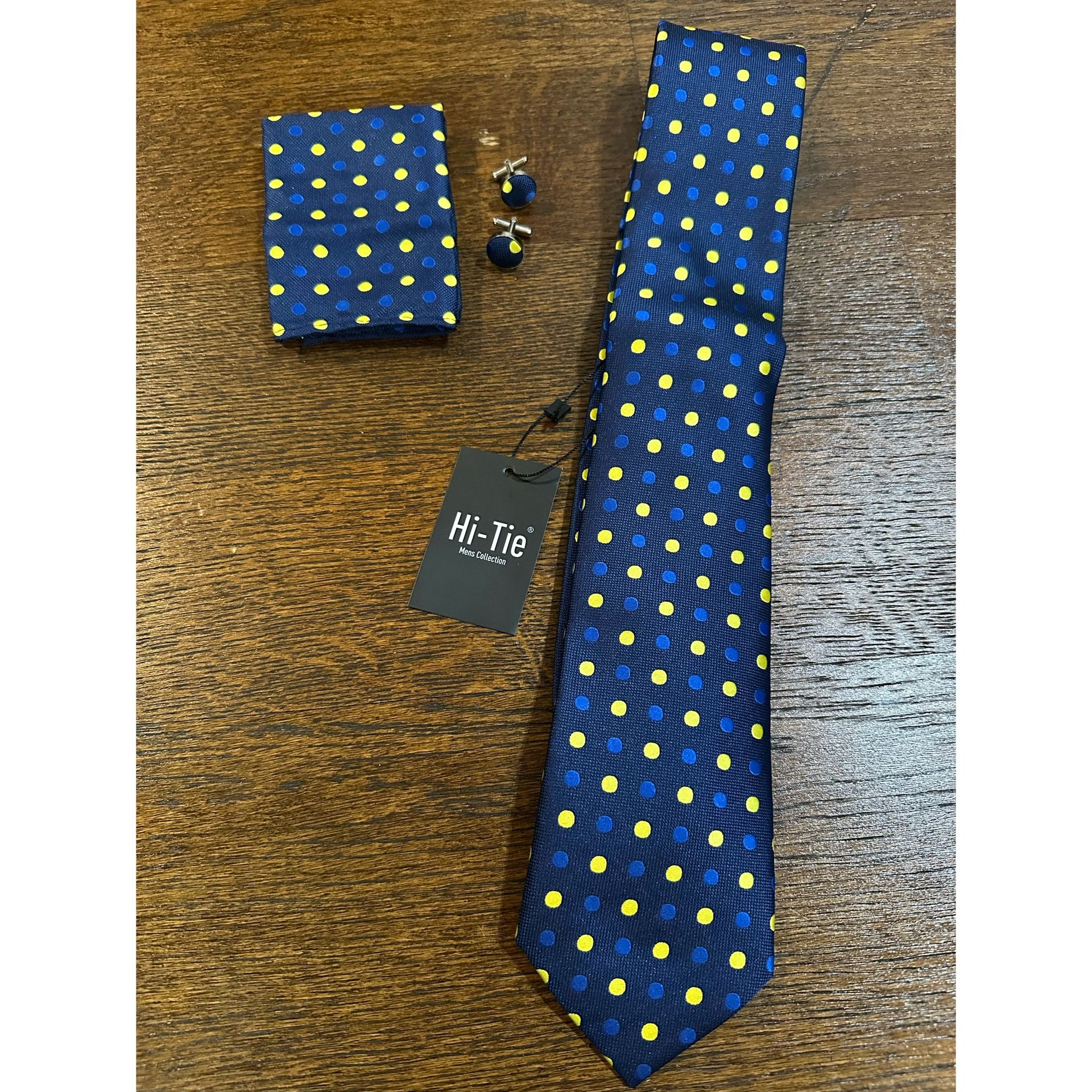 NEW Hi-Tie Blue Yellow Dot Necktie, Pocket Square Handkerchief Cufflinks Set