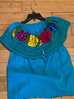 Mexican Embroidered Floral Peasant Blouse Turquoise Oaxaca Style