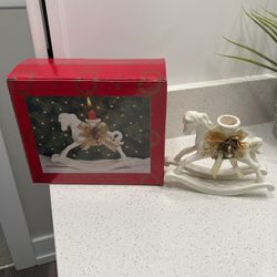 Home for the holidays white ceramic rocking horse candle holder