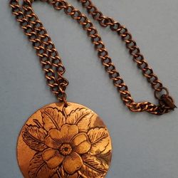 Vintage Etched Solid Copper Necklace. 