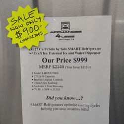 Sale Now Only $900 (Was $999) LG 36in W SMART Side By Side Refrigerator With 1 Yr Warranty