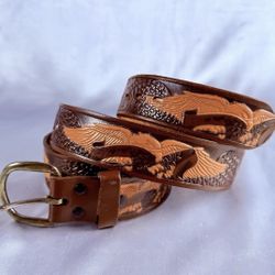VTG Tooled Belt Top Grain Leather 40 100 American Eagle Cowboy Western Biker