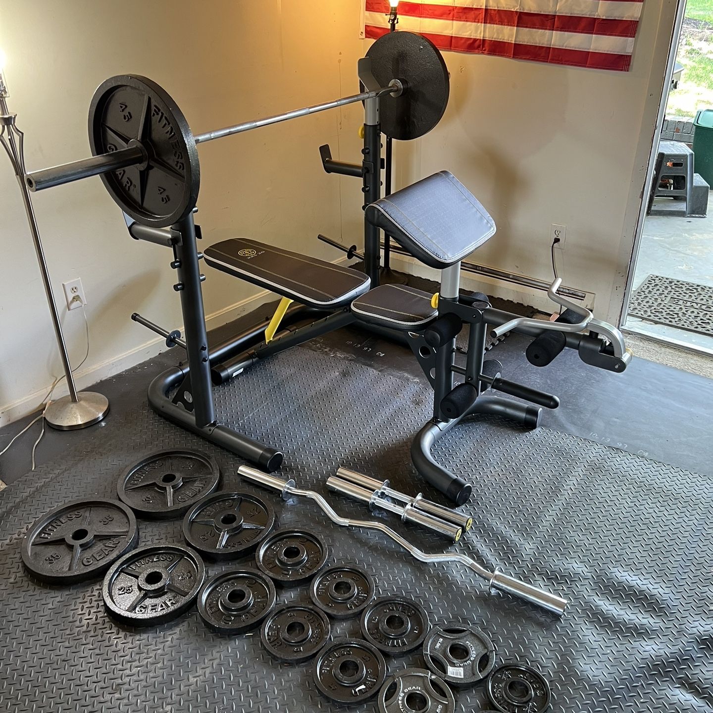 Gold Gym Xr20 Bench Olympic Barbell With Weights for Sale in