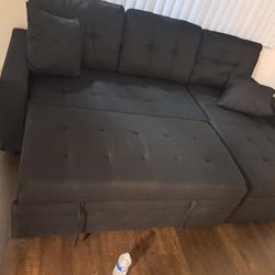 Black Linen Sectional Sofa W/storage Chaise And Pullout Bed