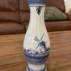 Delft Blue Flower Vase W/ Windmill And Florals