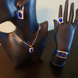 Ladies Gift Set Includes Earrings, Necklace, Watch And Ring  Royal Blue/ Gold. 