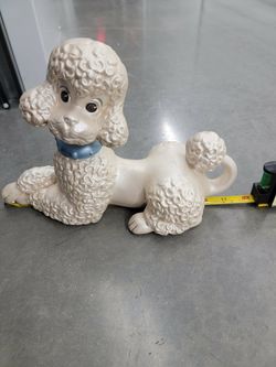 1975 Atlantic Mold Ceramic Poodle Dog Figurine Statue 11” long 7.5" tall White, blue Collar Puppy