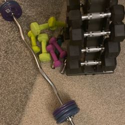 Dumbbells And Rack With Standard Curl Bar