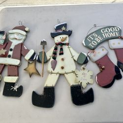 Set Of Three Wood Christmas Decorations