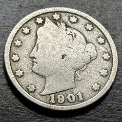 5 cents 1901 coin USA. Antique, collectible 
