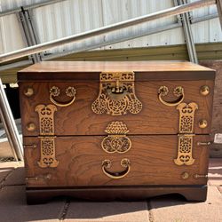 Ornate Wood Storage Chest with Brass Hardware