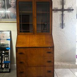 VINTAGE ART DECO TALL SECRETARY DESK WITH BOOKCASE & KEY- Solid Wood