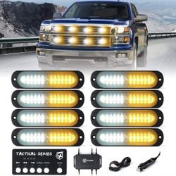 LED Surface Mount Strobe Lights Kit, White Amber Grill Grille Emergency Warning Flashing Marker Light Warning Light Assemblies for Trucks Vehicles ATV