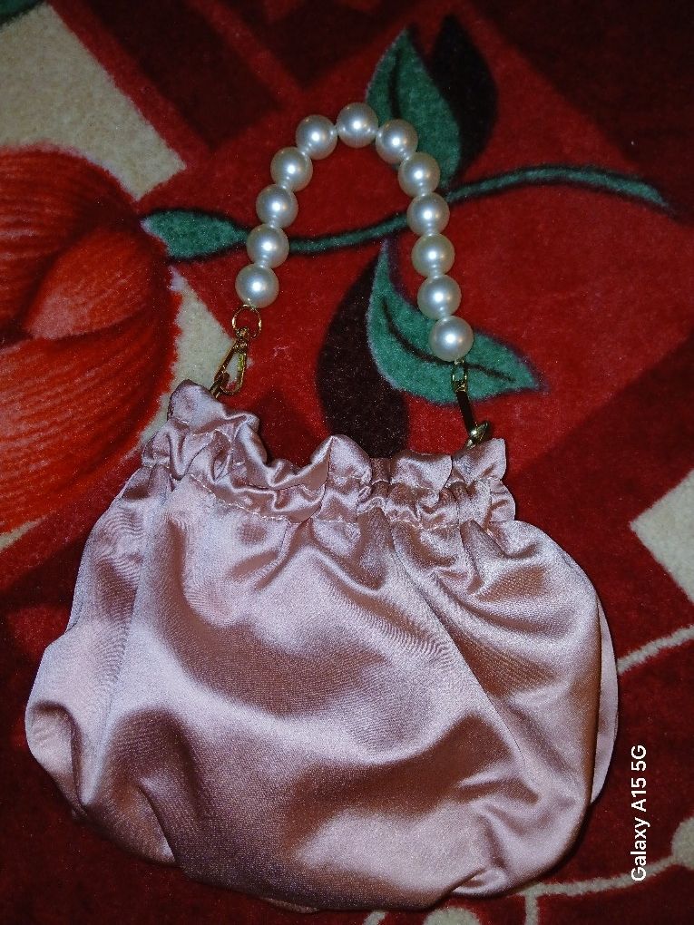 Pearl Handle Pink Silk Handbag