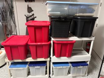 Storage bins with lids and shelving. Will sell individually or as a set. Make an offer.
