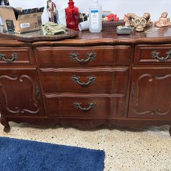 French Provincial Buffet Cabinet 57" Long - Vintage Pecan Wood Louis XV Sideboard Credenza Table with 5 Drawers and Cabinet Door 