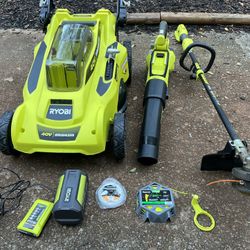 Ryobi 40 V 20 inch push mower string trimmer leaf blower one battery one charger used 200