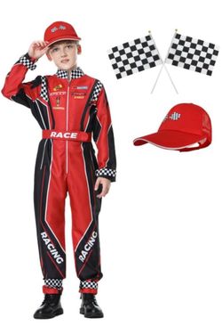 Race Car Driver Costume Boys size 150 (10-12)Racer Jumpsuit With Car Cap Kids Dress Up for Halloween