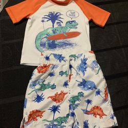 Place Sport TRex dinosaur with surf board toddler boys size 2T swim trunks and rash guard 