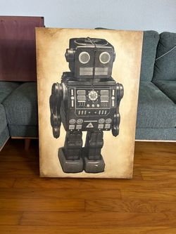Vintage Wood Frame Screenprint Robot Wall Art 1960 toy