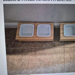 Bamboo And Ceramic Elevated Pet Bowl  Set 