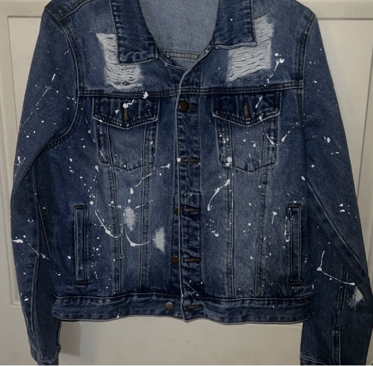 Karol G Distressed Denim Jacket with Paint Splatter New