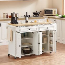 58" Kitchen Island with Power Outlet, Rolling Kitchen Cart, White