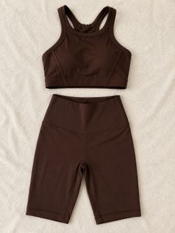 Chocolate Brown Activewear Set | Ribbed Sports Bra & No Front Seam Biker Shorts | Size S
