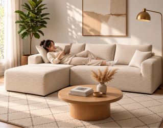 105" L Shaped Modular Sectional Sofa, Deep Seat Boneless Couch Corduroy Beige Sofa with Left Facing Chaise & Side Pockets, No Assembly Required for Li