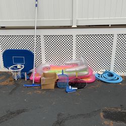 Pool Accessories. Floats, Basketball Hoop For Pool Deck, Handle For Vacuum and Scrubbing, Fountain, Vacuum Hose Etc.. First $50. Takes It