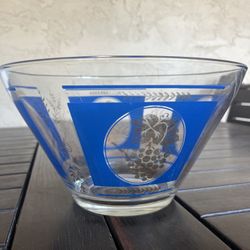 Mid Century Hazel Atlas Blue Gold Grapes Bowl 