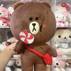 Line Friends Plushie 16” Brown In sweetieland Holding Lollipop And Red Bag NWT.
