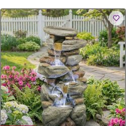 Outdoor Water Fountain Large - Stone Fountains with LED Light for Patio Yard Garden Backyard Decking Outdoor or Entryway Decor 30''
