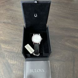 Bulova men's watch, black leather band, C(contact info removed), brand new with tags