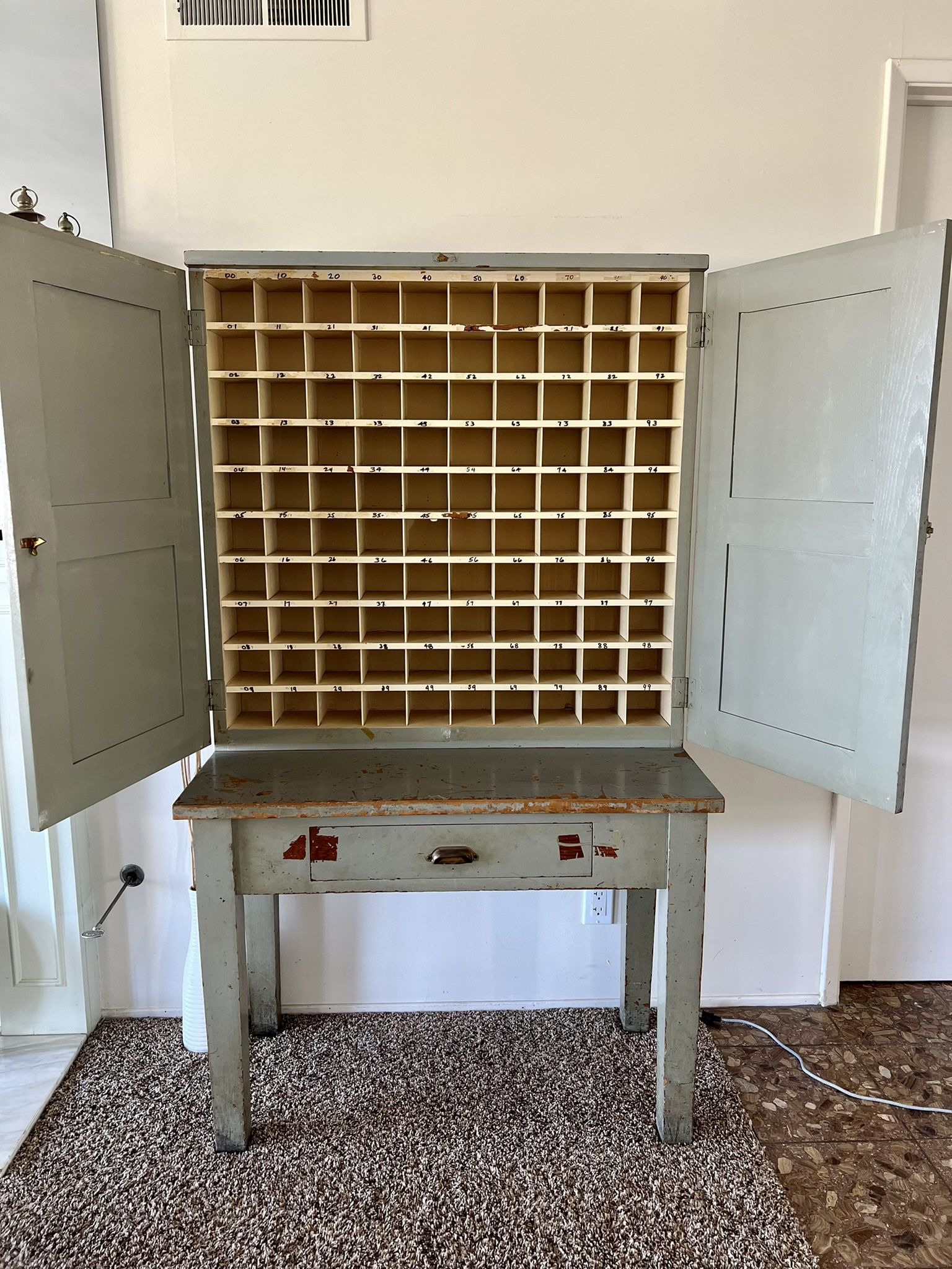 Antique Wood Mail Sorting Cabinet
